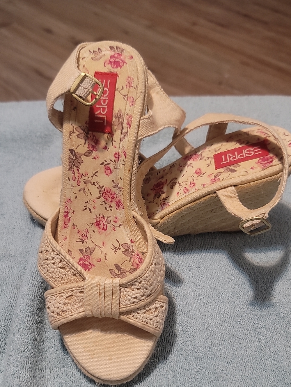 Esprit Cream Woven Bow Wedge Sandals